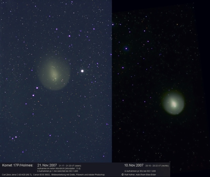 Das (spätere) linke Bild entstand unter starkem Mondlichteinfluss, daher der aufgehellte Hintergrund. - die Bilder wurden nicht willkürlich nebenaneinder gelegt, sondern exakt in Relation zum kosmischen Hintergrund - sie zeigen somit die Bewegung des Kometen durch den Alpha-Persei-Sternhaufen. 17p_vergl_10-21-11_07--mgr.JPG
